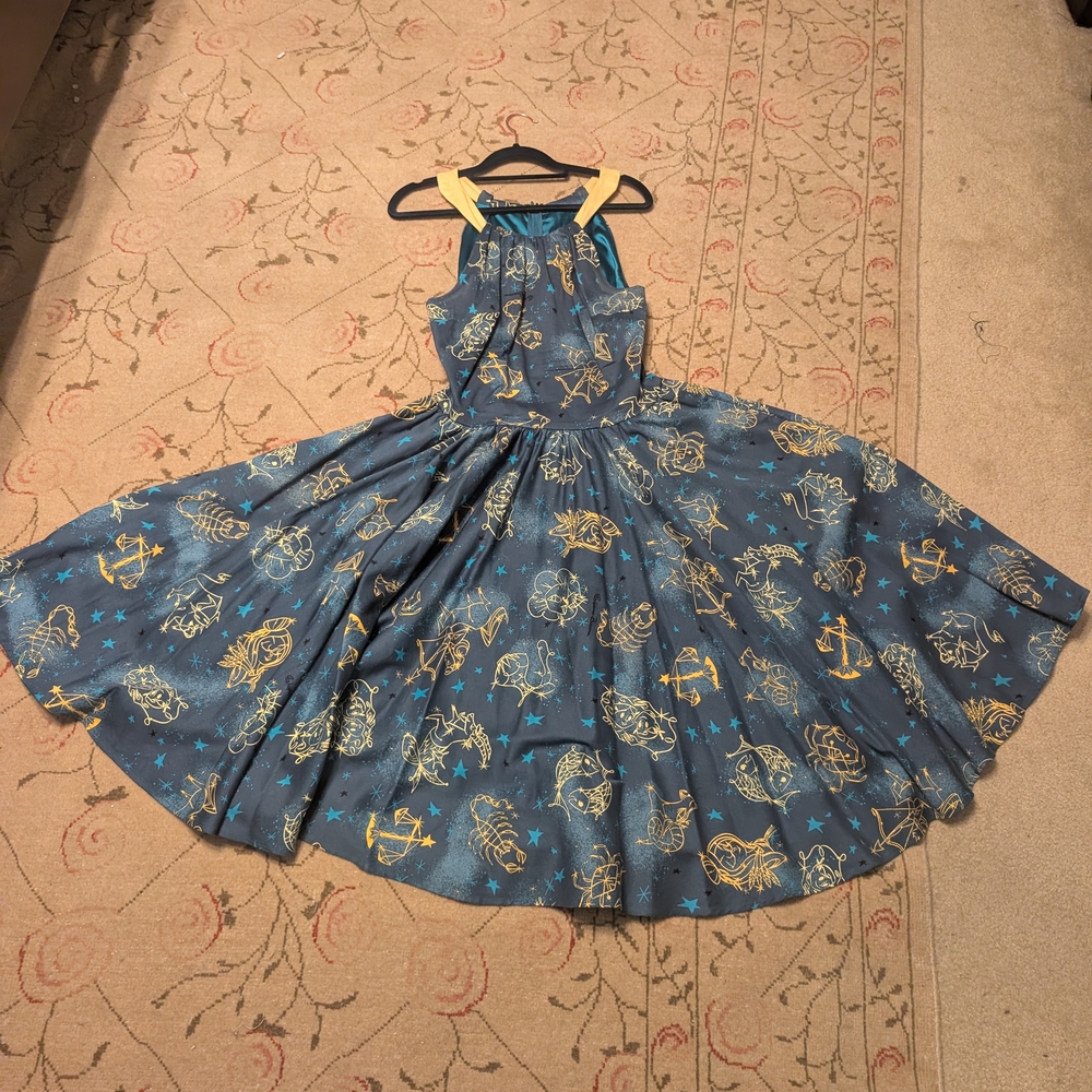 Pinup Couture Blue and Gold Astrology Midi Dress